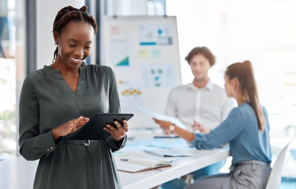 Black woman, business and tablet for new employee in digital marketing startup, advertising company