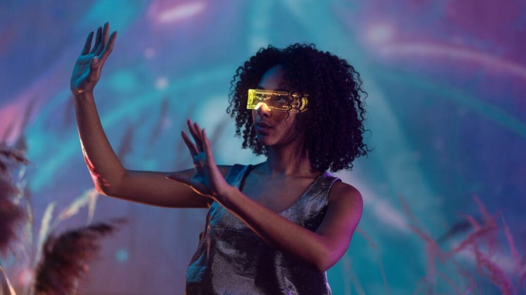 Metaverse digital cyber world technology, woman with virtual reality VR goggles playing augmented