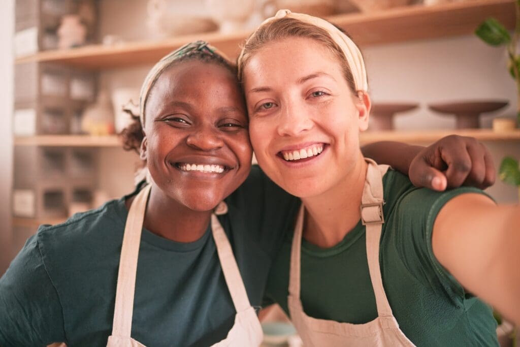 Pottery, teamwork and selfie of women for small business, artistic startup and creative workshop. C